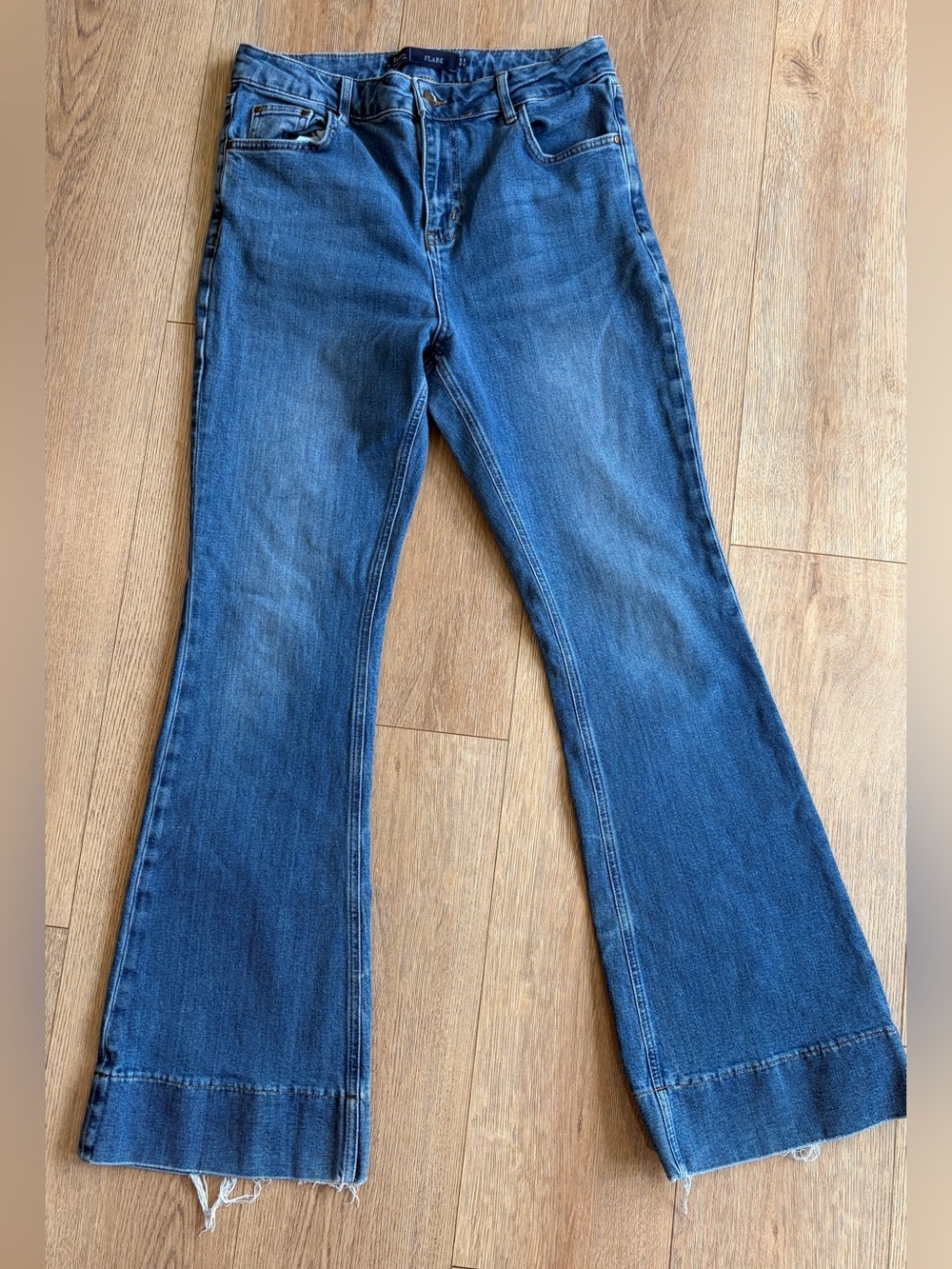 Boden Flare Jeans High Rise Medium Wash Raw Hem Stretch Denim 10R